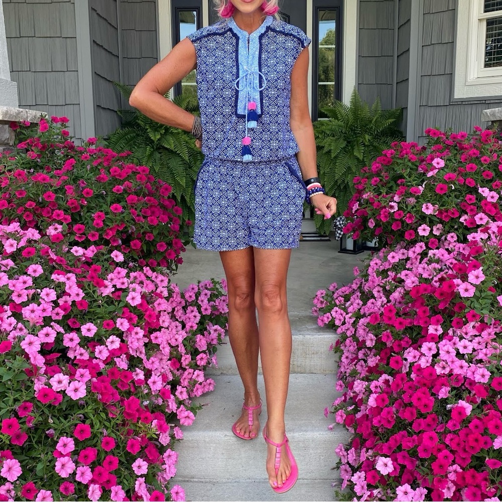 Cabana Life West‎ Indies Fringe Romper Blue White Geometric Printed Jumpsuit L